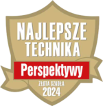 Znaczek rankingu szkół z napisami Najlepsze Technika - Perspektywy - Złota Szkoła 2024