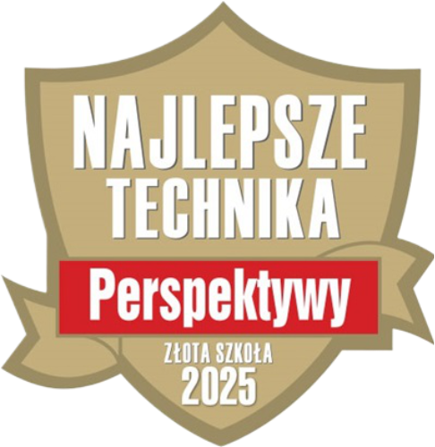 Znaczek rankingu szkół z napisami Najlepsze Technika - Perspektywy - Złota Szkoła 2024